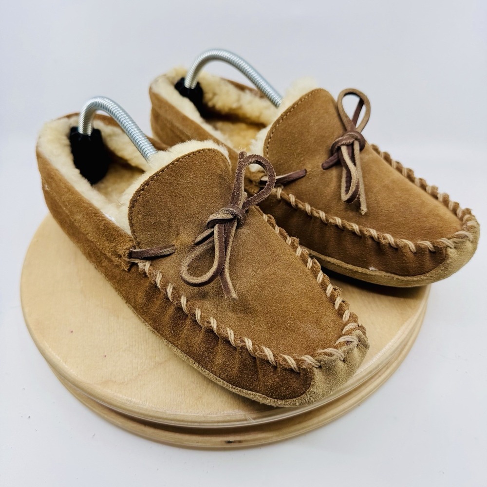 L.L.Bean Wicked Good Slippers Kids 6 Brown Suede Shearling Sheepskin Shoes